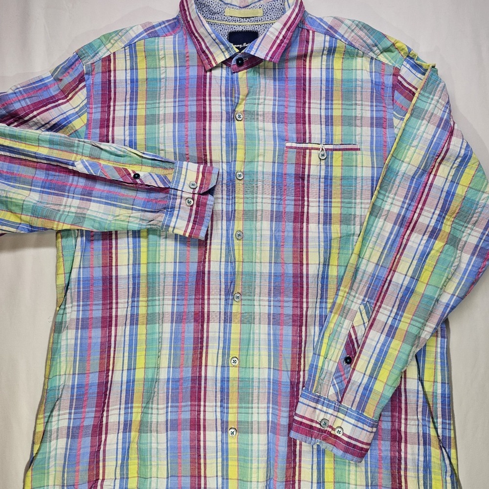 Tommy Bahama Men's XL Button Front Shirt 90% Cotton 10% Silk Multicolor Plaid